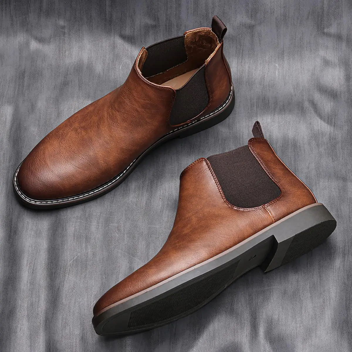 Men’s Retro Leather Chelsea Boots - Comfortable Ankle Footwear, Non-Slip Rubber Sole Men’s Shoes for Casual & Work (Deep Brown) Round Toe Boots Solid Color Boots