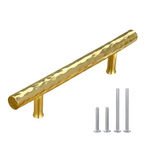 Akicon Hammered Polished Gold Kitchen Cabinet Handles 100% Solid Brass Drawer Pulls