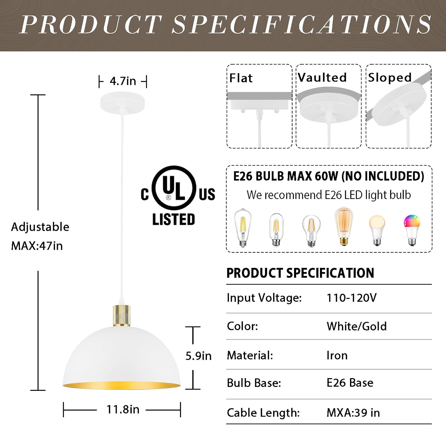 White Gold Pendant Lights Kitchen Island, 11.8" Modern Dome Farmhouse Hanging Lighting for Dining Room Hallway Entryway