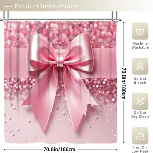 1PC/4PCS 2D Flat Pink Bow Decoration Patterned shower curtain, home bathroom decor, Bathroom Decoration Accessories, shower curtain set with 12 hooks, non-slip bathroom rug, U-shaped toilet seat cover, toilet seat mat, Shower Essentials