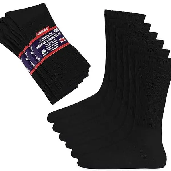 DIAMOND STAR Men's Pure Cotton Sports Socks - Breathable Comfy, Skin Friendly, Athletic Style Premium Cushion Crew Socks, 12 Pairs (Shoe Size 10-13), Black 3% Elastane Loose Knit, Non-Binding for Edema, Diabetic Needs, Year-Round Use, Breathable Comfy Soc