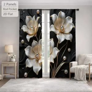 2Pcs Luxury Floral Diamond Pearl Flower Pattern Sun Blocking Curtains Digital Printed Rod Pocket, Window Treatment For Bedroom Office Kitchen Living Room Study Home Decor