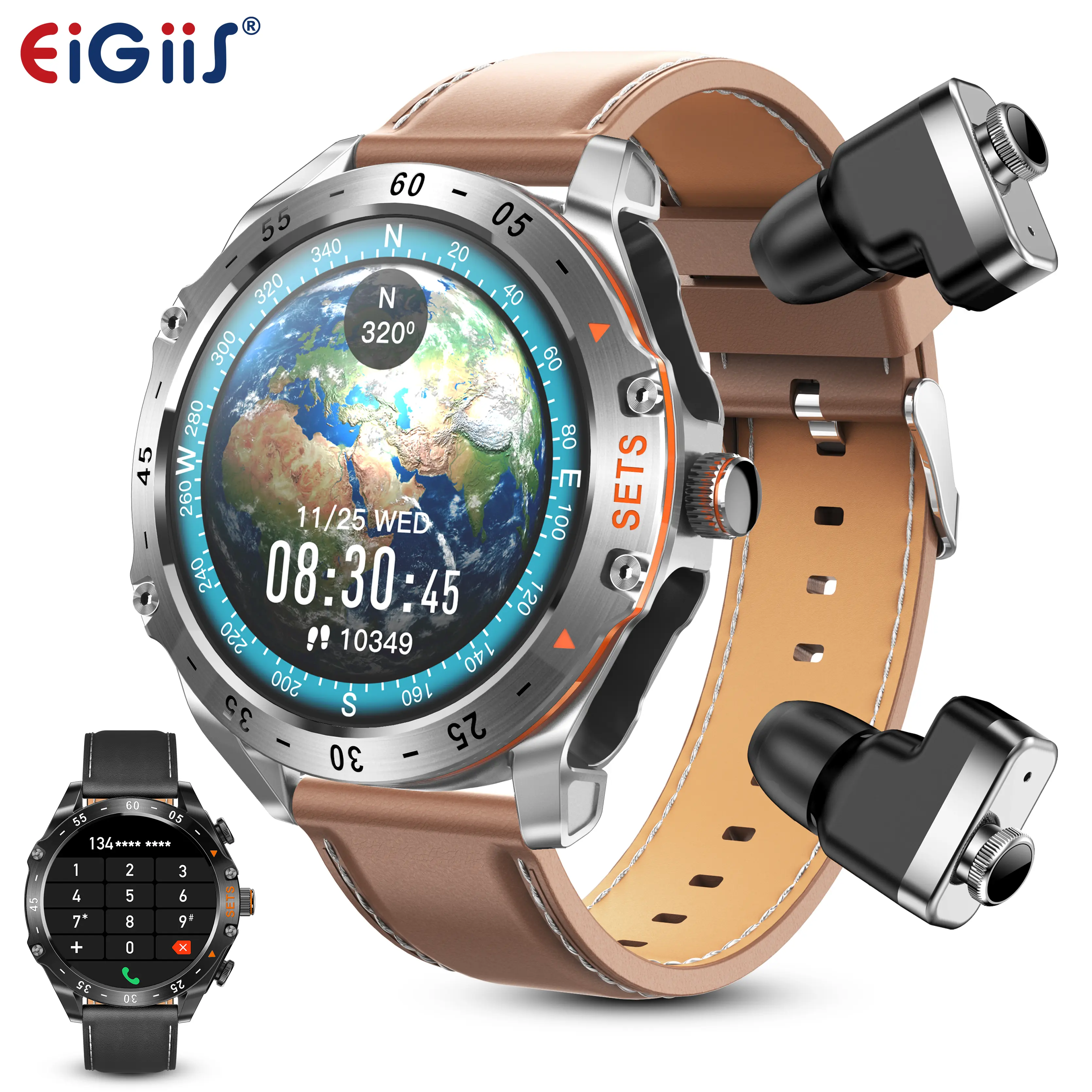 EIGIIS 2-in-1 Smart Watch with Earbuds for Men, Wireless Calling Smartwatch (Answer/Make Call), Built-in Music Player, Rugged Outdoor Sport Watch, Activity Tracker with Step Counter & Alarm for Android iOS Smartphone