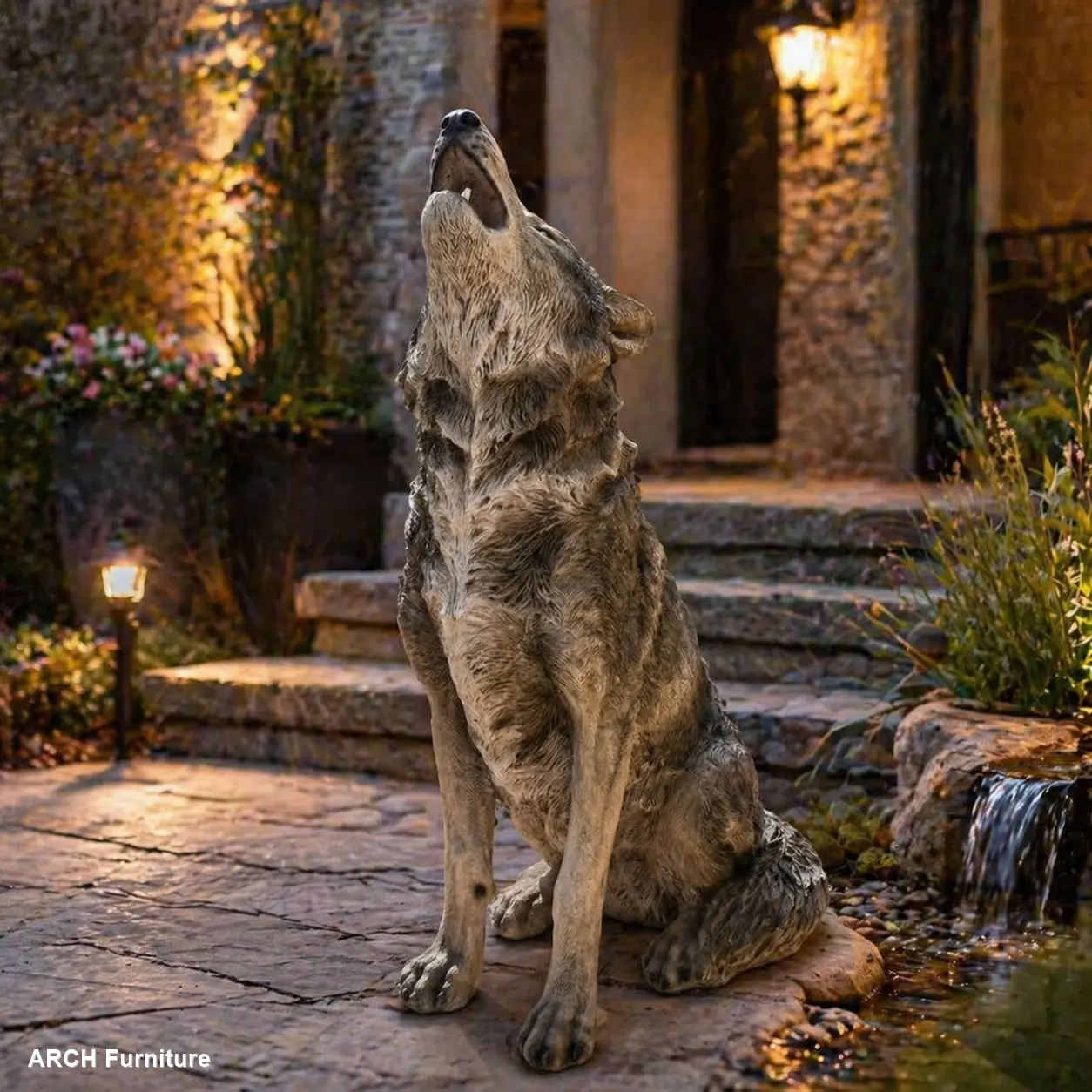 Simulated Howling Wolf Garden Statue - 29.72"h x 17.91"w Weatherproof Poly Resin Artwork, Art Deco Landscape Sculpture, Hand-Finished Cottage Ornament, Indoor/Outdoor Home Gift