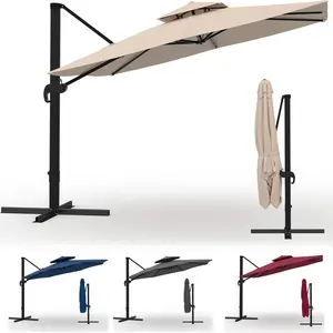 10x10 ft Square Outdoor Umbrella, Cantilever Patio Umbrella with 360° Rotation & Adjustable Height, Heavy Duty Aluminum Umbrella Outdoor Patio for Garden Poolside,Khaki (Base Not Included)