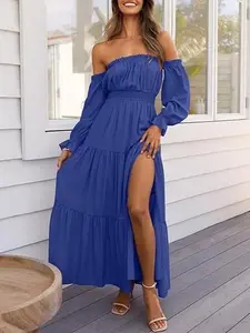 Women's Off The Shoulder Maxi Dress Puff Long Sleeve Ruffle High Slit Boho Flowy Tiered Long Dresses for Summer Party Beach