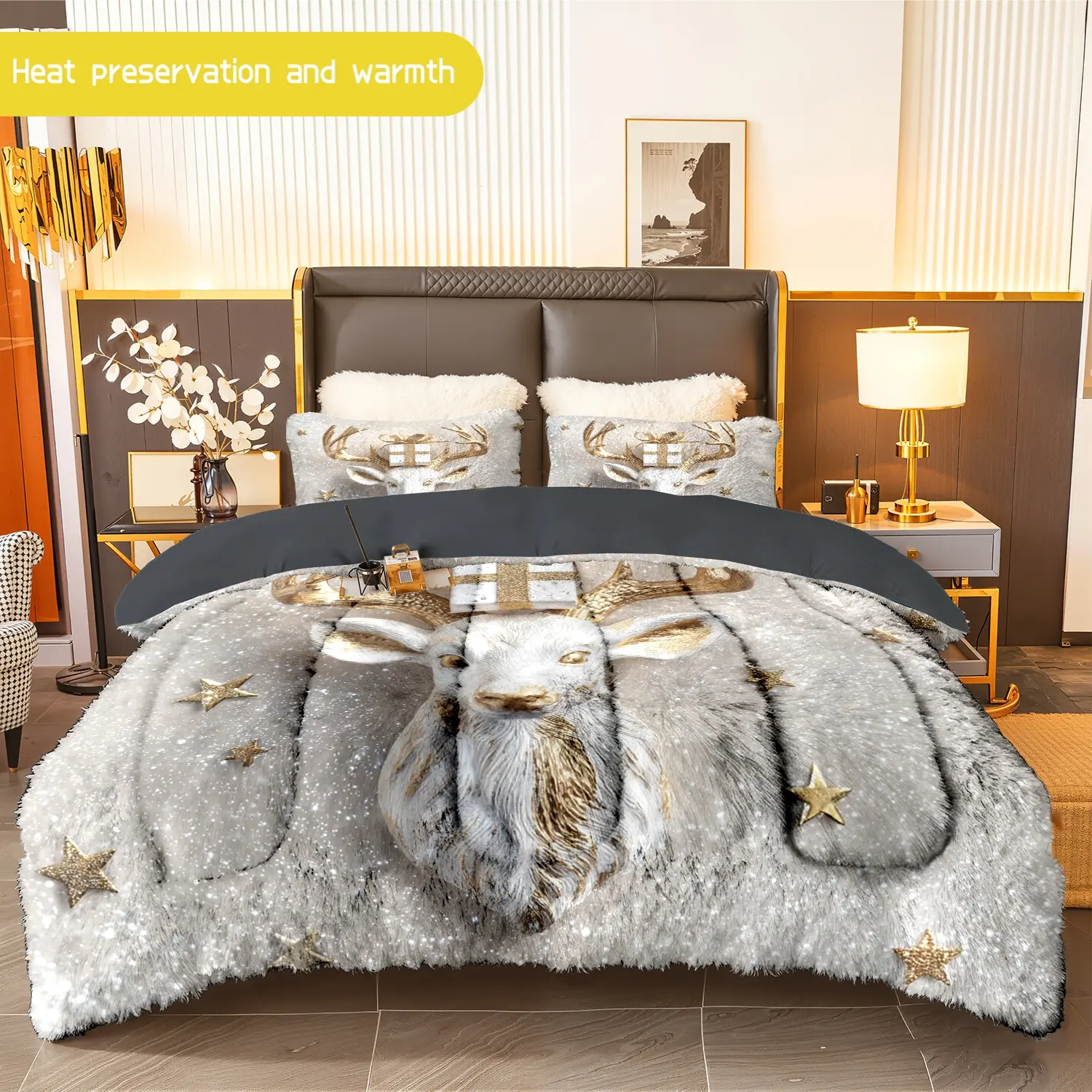 3pcs (1 comforter + 2 pillowcases) Reindeer - themed Flannel & Milk Velvet Comforter Set, Soft Warm Bedding for Adults, Cozy Quilt Set, Trendy Bedding Essentials