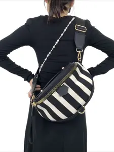 Ladies' fashionable striped pattern lightweight multi zipper shoulder bag, multifunctional casual sports chest bag, daily use portable wide shoulder strap multifunctional crossbody handbag, Casual Trendy Bag, Adjustable Shoulder Bag