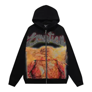 Oversized Mixed Emotion Gothic & Angel Print Zip Up & Pullover Hoodie Sweatpants Set| Vintage Washed Rhinestone Cherub Y2K Streetwear| Unisex Matching Couple Tracksuit for Men Women Summer OOTD