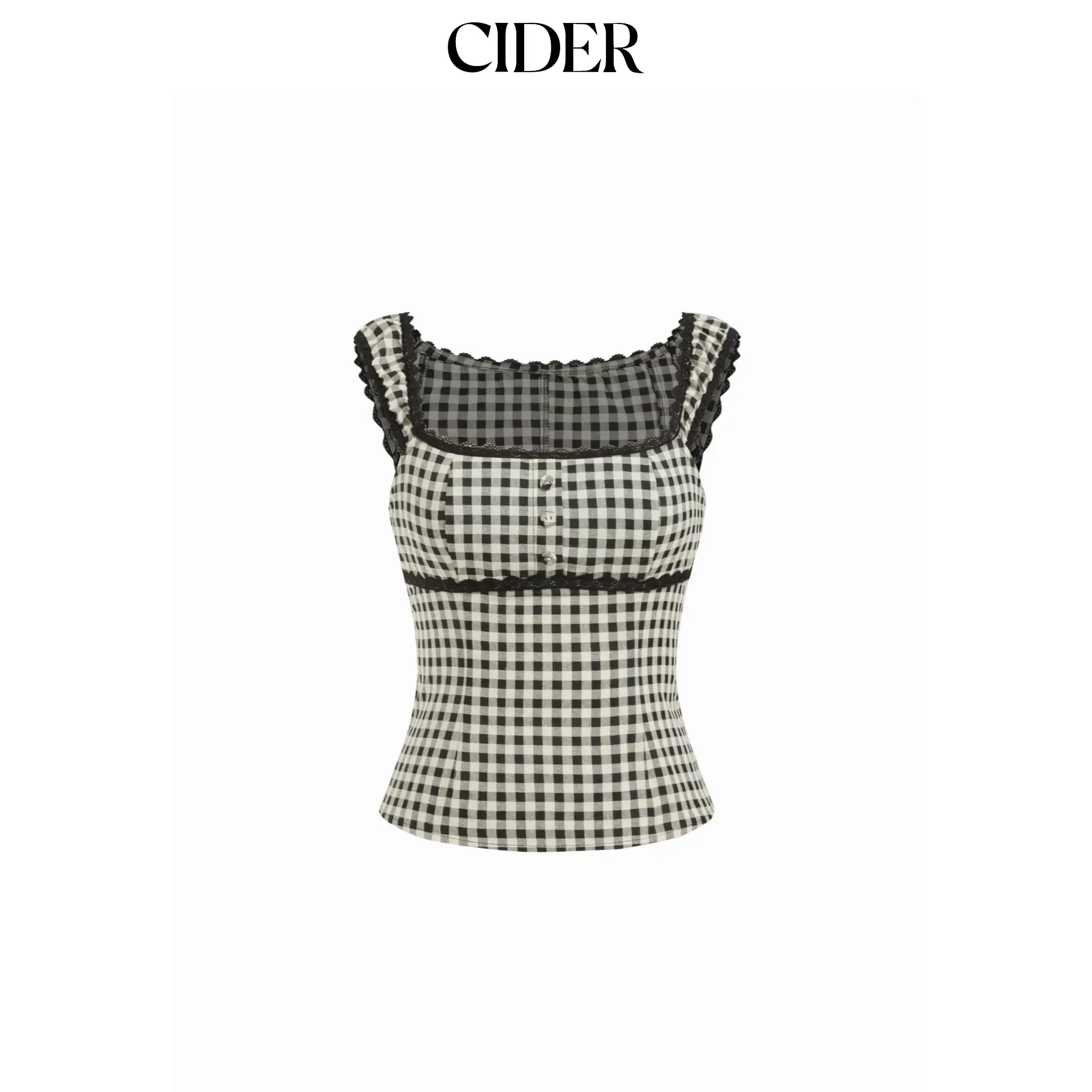 Cider Women's Casual Gingham Sleeveless Cropped Tank Top with Square Neck and Contrasting Lace Trim for Lady, Checkered Plaid
