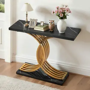 39 In Gold Console Table, Modern Desk Behind The Couch, Wood Rectangle Entrance Desk, Narrow Long Sofa Table Accent Stand With Metal Legs For Hallway, Bedroom, Living Room, Foyer, Easy Assembly