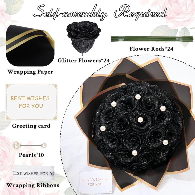Black Glitter Roses Bouquet, DIY   Bouquet, Artificial Rose Bouquet for Valentine's Day, Anniversary, Engagement, Wedding, 24 Roses