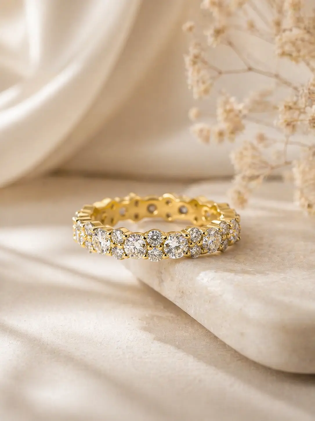 Effinny Tarnish-resistant 14K Gold Plated Round Cut Full Eternity Wedding Band, CZ Stacking Fashion Women's Jewelry for Travel, Party