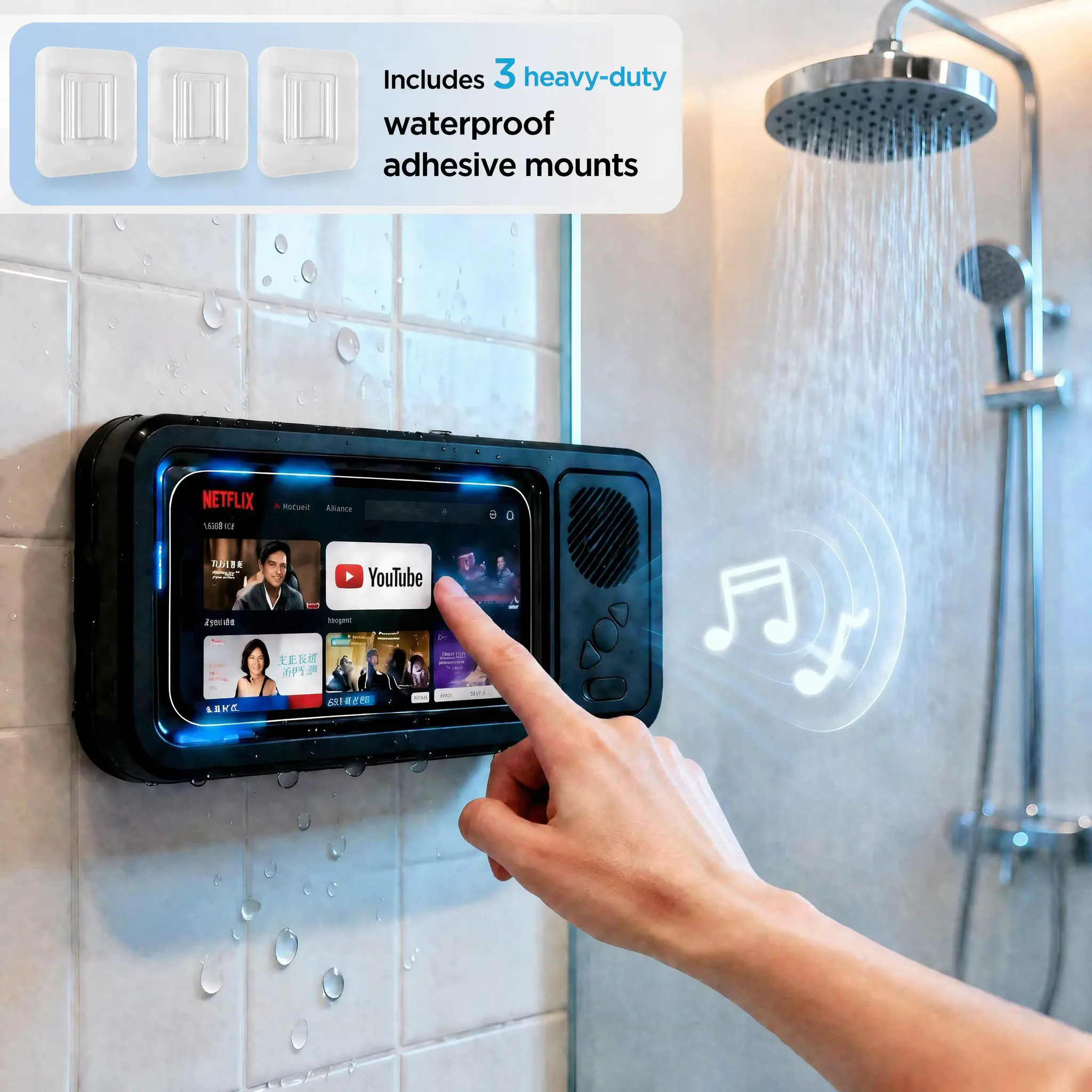 Wall Mount Wireless Shower Phone Holder With Built In Bluetooth Speaker IPX6 Waterproof Touch Screen Case 360 Adjustable Bathroom Phone Mount Fits 4 To 6.8 Inch Phones Ideal For Bathtub Mirror Shower Perfect Gift For Bath Music Video Watching