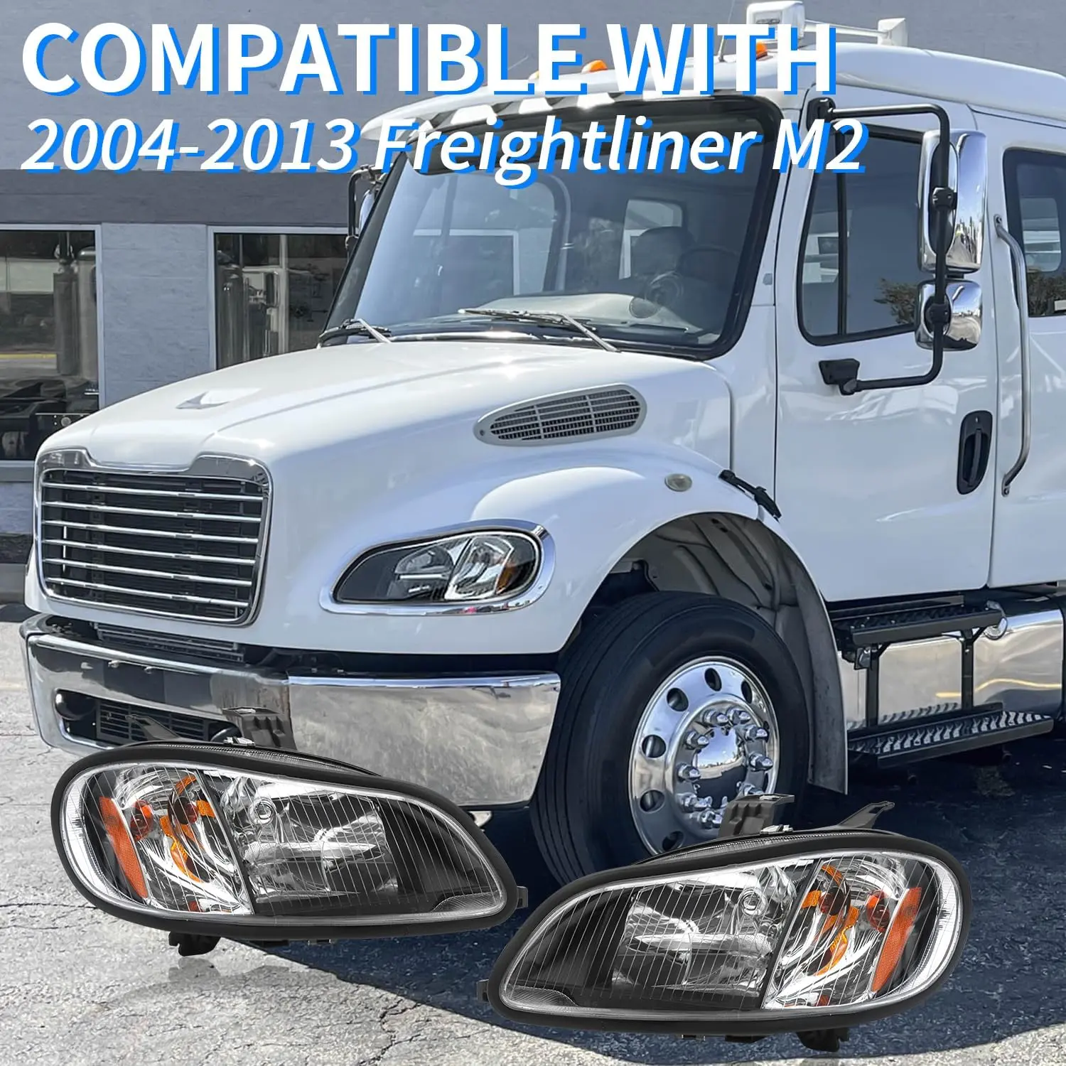 Black Housing Halogen Headlight Assembly for 2004-2013 Freightliner M2 106 M2 112, Left Driver Right Passenger Pair, OE Replacement