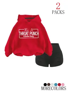 Y2K Sweet Cool Casual Set, 2-Piece Fun Slogan Pullover Hoodie & Shorts, Outfit, Back-To-School, Youthful and Trendy, Multiple Colors Available