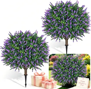 DLDA 2-Pack 24" Faux Boxwood Lavender Topiary UV Resistant Outdoor Porch Decor Mother's Day Gift Easy Setup All Season Home Planter Decorative Front Door Planter Lifelike Artificial Flower Home Decoration Bouquet Lifelike Artificial Flower