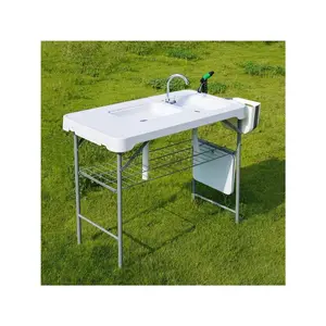 Folding Fish Cleaning Table With 2 Foldable Sinks, 42.5'' Portable Camping Sink Table With Foldable Faucet, Drainage Hose, Sprayer, Storage Box & Grooves, Outdoor Fillet Station For Picnic