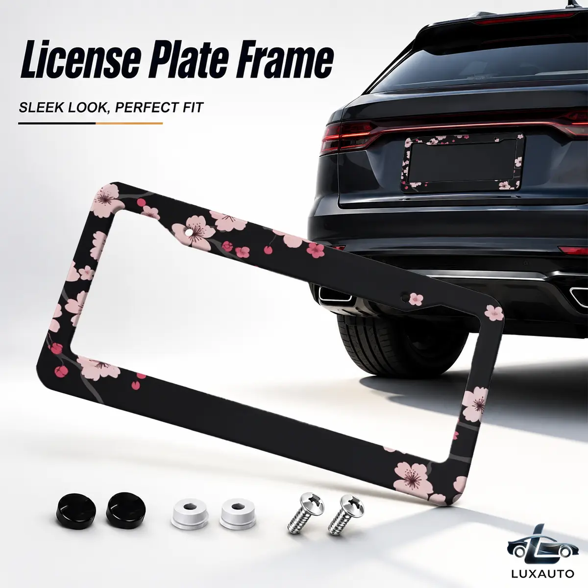 Cherry Blossom Decorative Aluminum License Plate Frame & Cover with Screws & Caps, Rust-Resistant Universal 12.2x6.3 Inch Metal Holder for Cars, SUVs, License Plate Cover