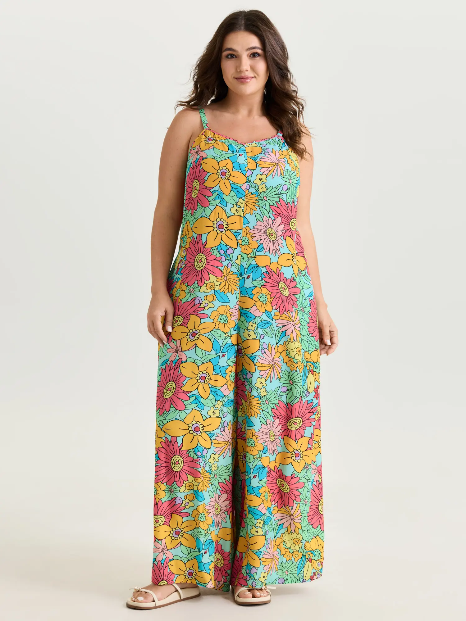 BloomChic Women's Plus Size Playful Floral Rayon Jumpsuit - Sleeveless Tall Fit with Wide Legs and Adjustable Straps, Overalls, Garment, Smooth, Fabric