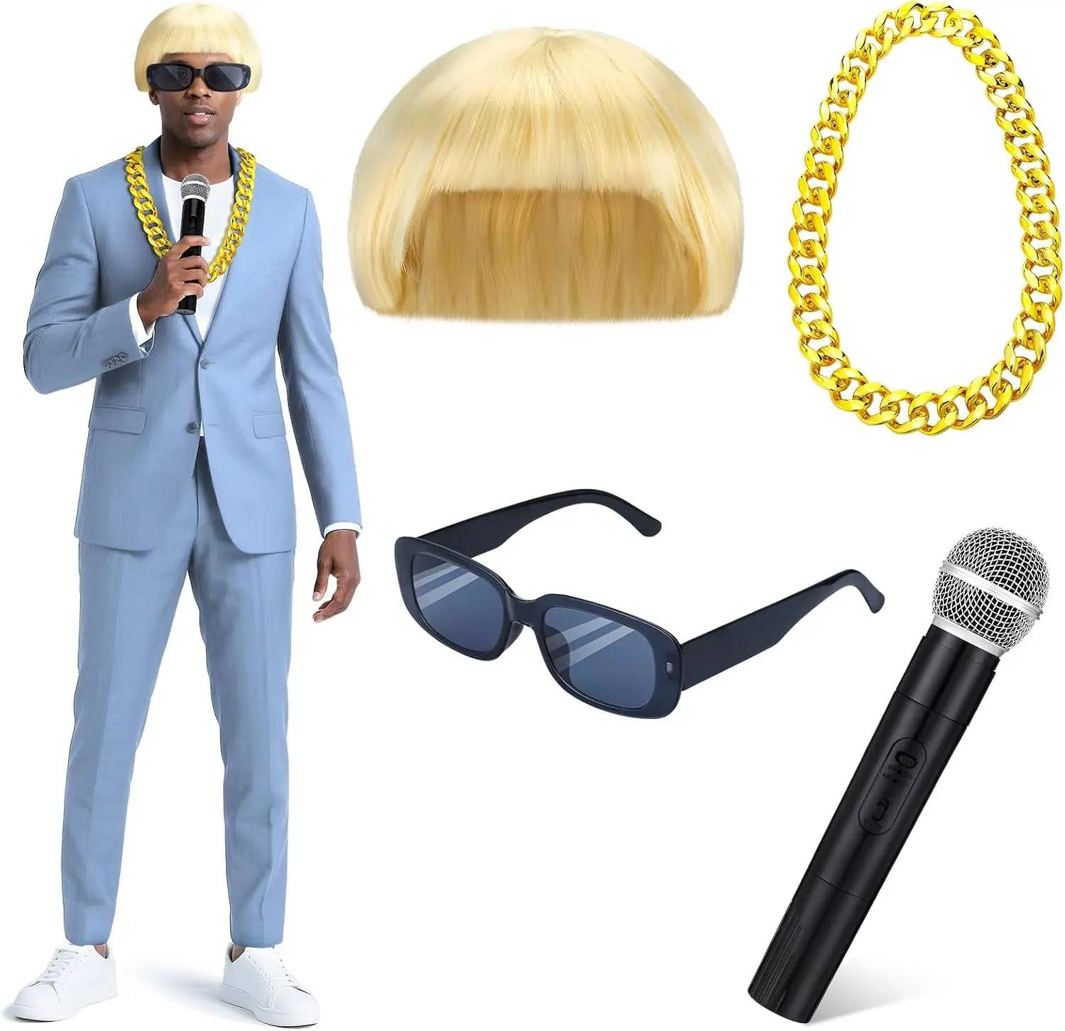 4-Pcs Rapper Costume Accessories Set - Synthetic Fiber Blonde Wig, Rectangular Sunglasses, Gold-Tone Chain Necklace, Microphone Prop - Halloween Aesthetic, Hip Hop Look, 1 Size for Cosplay Party Dress Up
