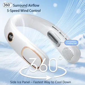 Portable Neck Fan, Bladeless Wearable Cooler with TEC Ceramic Cooling &Active Noise Reduction, 24H Battery, LED Display, 5-Speed Wind Control, 360° Surround Airflow, Ice-Ceramic Cooling Pad, Type-C Quick Charge, Lightweight 0.51lb for Travel Office Sports