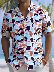 Men's Retro Abstract Camo Print Cuban Collar Shirt, Lightweight Short Sleeve Top for Beach, Streetwear & Vacation Outfits, Tropical