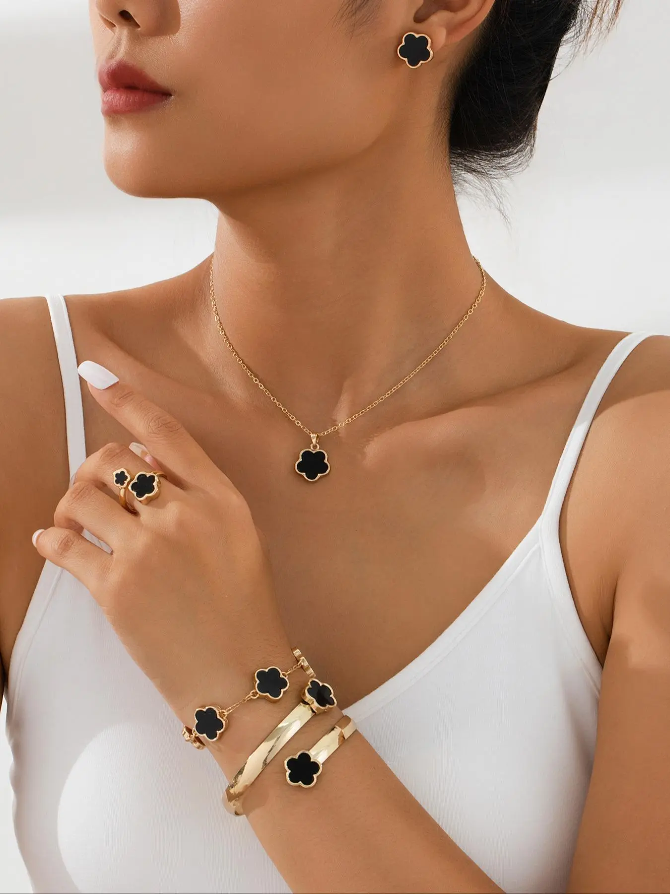 Flower Design Floral Motif Jewelry Set (6pcs), Including 1pc Necklace & 2pc Bracelet & 1pc Ring & 1 Pair Earring for Women & Girls, Elegant Jewelry Set, Glamour Set, Fashionable Jewelry Set, Jewellery Gift Set, Valentine's Day Gift