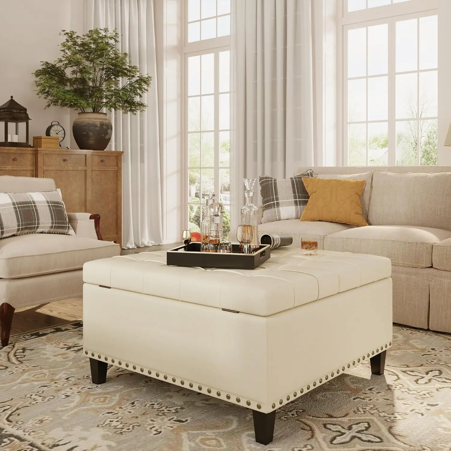 [Summergarden] Vabches Leather Upholstered Tufted Square Ottoman Coffee Table - Cushioned Interior Furniture with Storage, Oversized Cube Footrest Stool for Living Room, Bedroom