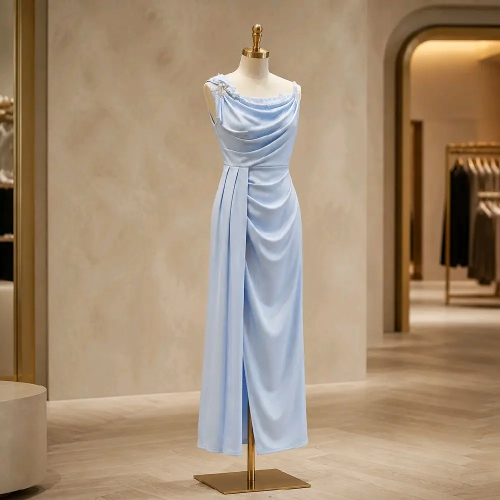 Light Blue Draped Ruched Wedding Guest Prom Formal Maxi Dress Medium Unbranded 4024