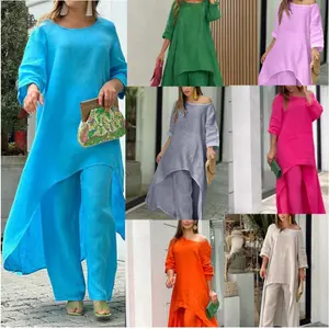 2026 New Arrivals: Western-Style Women's Fashion - Cotton-Linen Casual Plus-Size Two-Piece Set featuring an Asymmetrical Long-Sleeve Top and Wide-Leg Pants1
