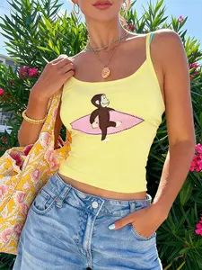 1 Pc Women's Y2K Slim Fit Cropped Cami Top Funny Surfing Monkey Graphic Print Sleeveless Spaghetti Strap Vest for Summer Holiday Outdoor Casual Wear