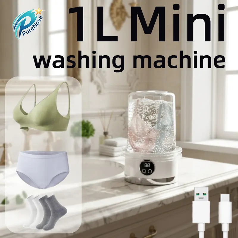 Portable USB-Rechargeable Mini Washer for Underwear &Socks Automatic Cleaning No Plug 20 Washes per Charge Compact Design with LED Display Separate Washing for Socks & Underwear Idealfor Travel Home RV Use