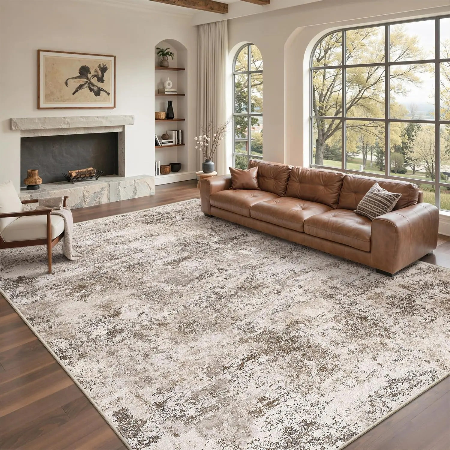 ComiComi Vintage Brown Boho 8' x 10' Rectangular Area Rug - 8x10 Ultra-Thin Abstract, Washable, Non-Slip, Stain-Resistant, Super Soft Low-Pile, for Living Room Decor, Bedroom Home Decorative Rug