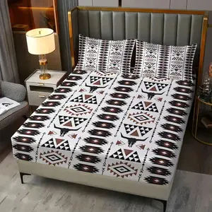 Boho Western Style Fitted Sheet Set, Geometric Print, Durable Non-Slip Mattress Protector, Includes 2 Pillowcases, Bedroom Decor