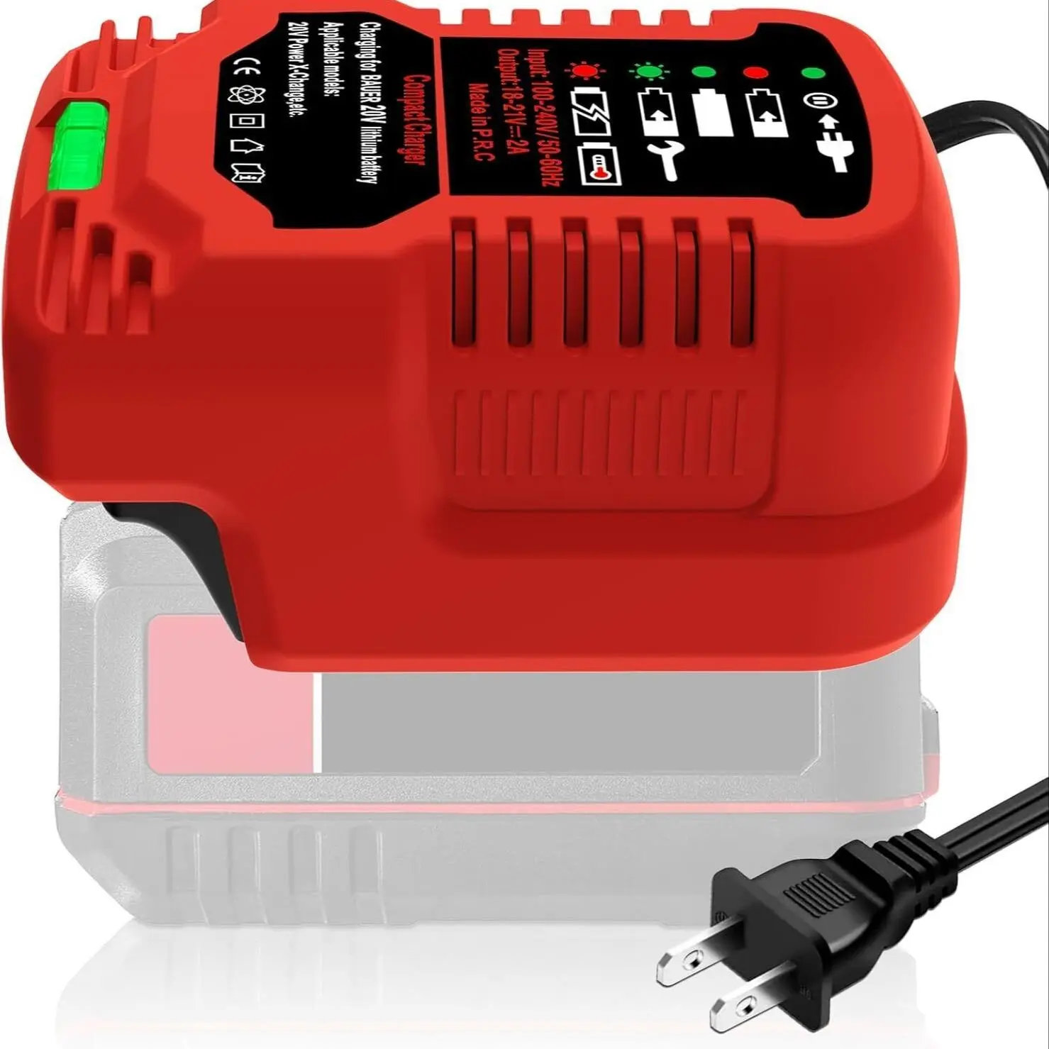 Portable Charger, 20V Lithium Battery Mini Charger, Cordless Battery, AC Input 100-240V, Output 20V-2A Plug and Play Power Tool Charger for Bauer 20V Lithium Battery