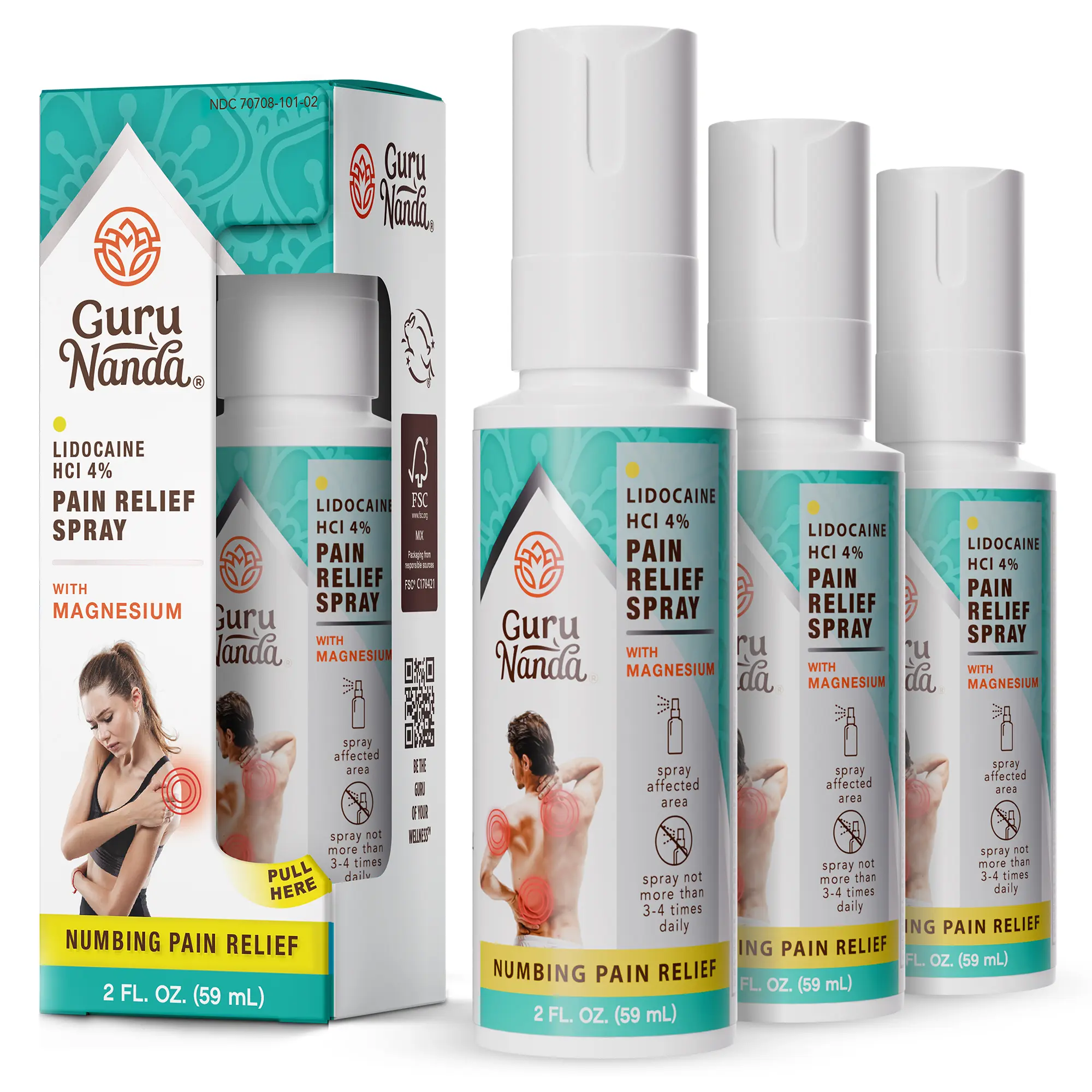 GuruNanda Lidocaine Pain Relief Spray with Magnesium - 3Pk