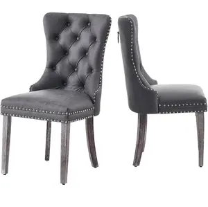Leather Dining Chairs Set of 2, Upholstered Dining Chair with Nailhead Trim and Solid Wood Legs, Luxury Wingback Dining Side Chair for Living Room, Bedroom, Kitchen, Grey
