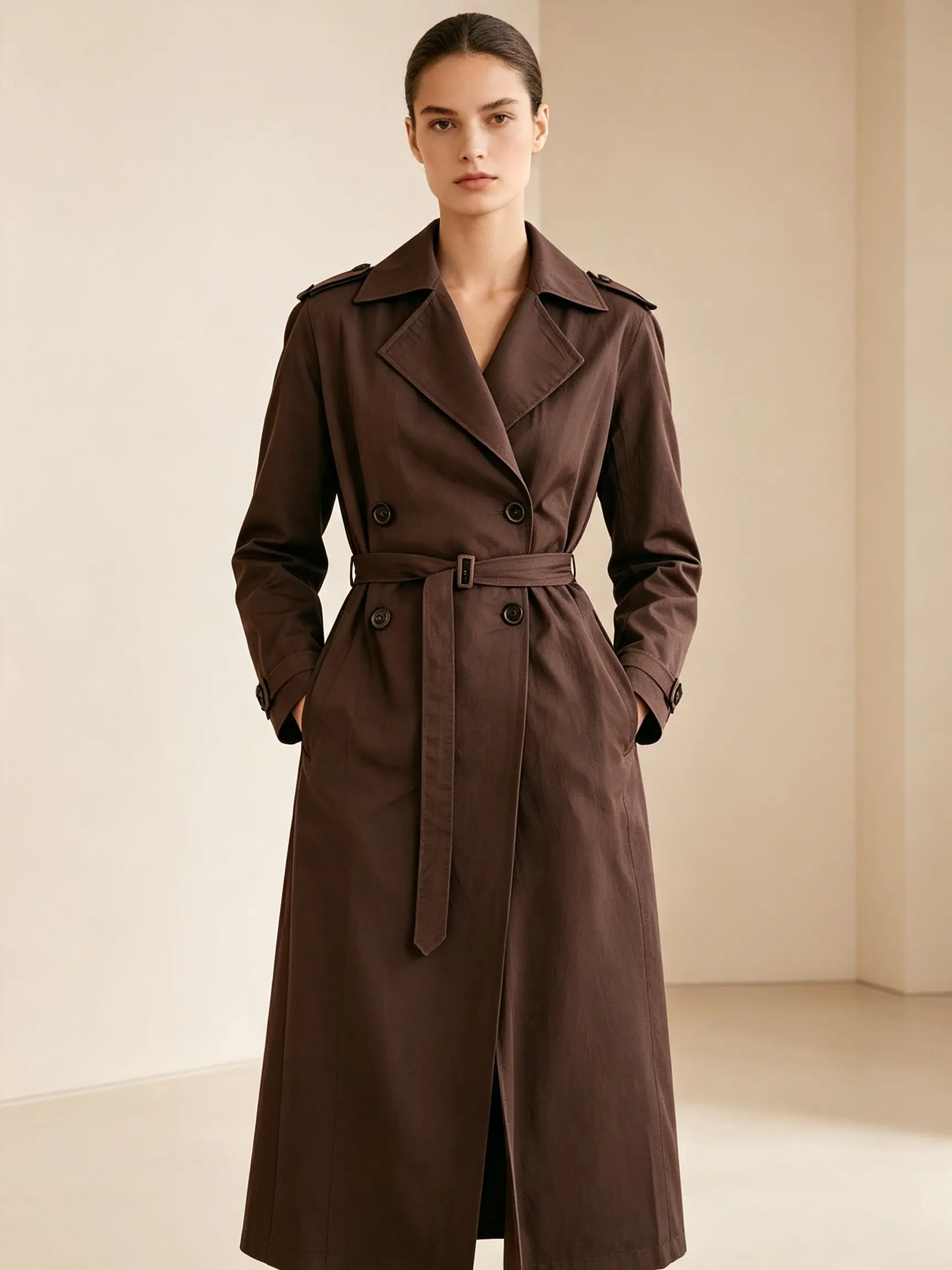 New autumn women’s trench coat in deep brown with double-breasted design, belted waist, British style, long length, commuter outerwear
