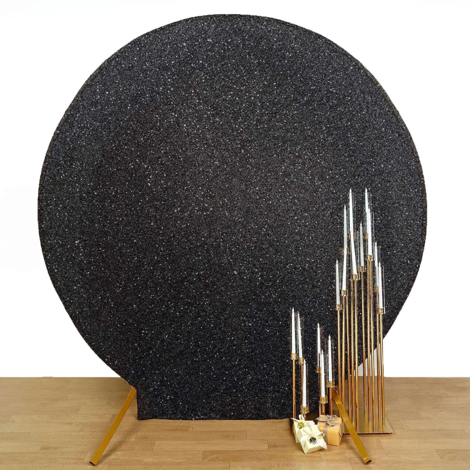 Black Metallic Shimmer Tinsel Spandex Shimmer Wall Backdrop, 2-Sided 7.5ft Round Arch Cover for Wedding Arches, Birthday Party Home Festive Decor