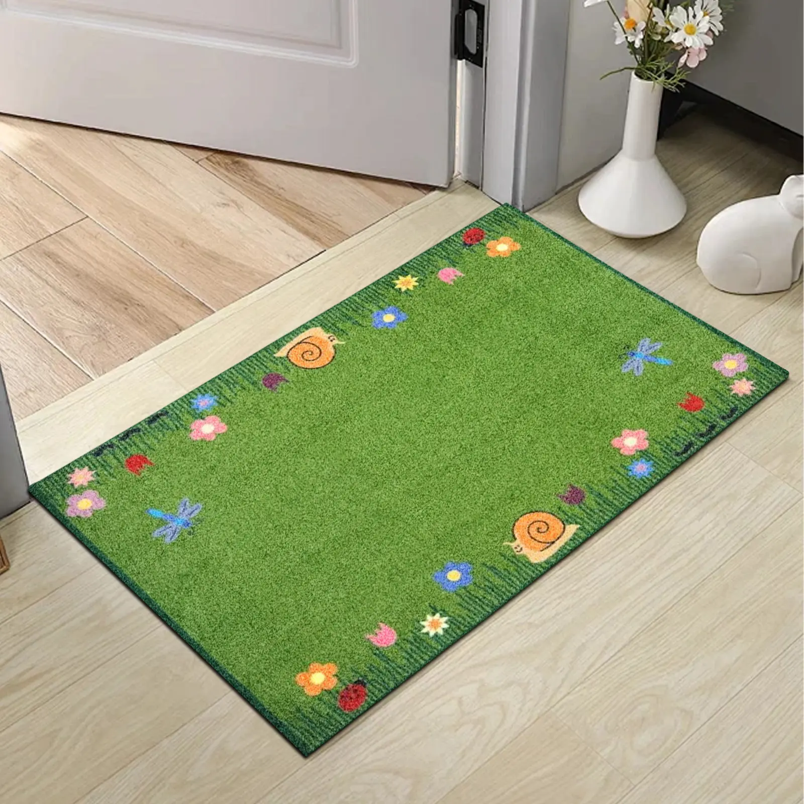 Joy Carpets Summer Friends Cute Bugs Diatomite Mat, Super Absorbent Quick Drying Non-Slip Green Grass Floor Rug, Colorful Insect Flower Washable Entryway Kids Bathroom Kitchen Doormat