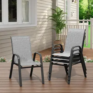 Stackable Patio Dining Chairs Set of 4 – High Back, Metal and Textilene, All-Weather, Space-Saving Outdoor Furniture – Ideal for Lawn, Garden, Backyard, Balcony, Poolside, Deck – Grey/black