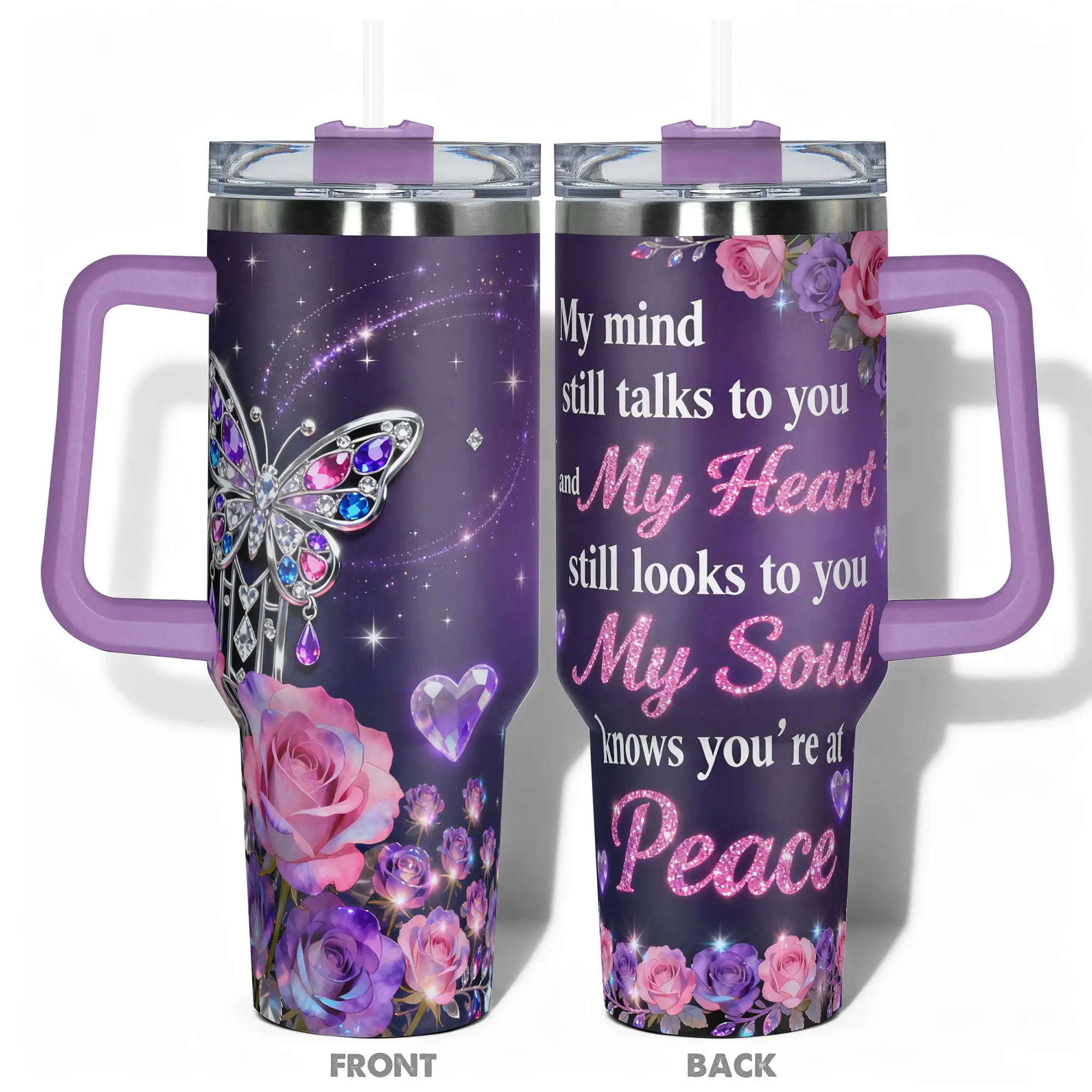 1pc Stainless Steel Cup 40oz/30oz/22oz Water Bottle, Insulated Drinkware, Design With Butterfly and Roses Floral Double-layer insulation Leakproof Large Capacity, Needed for Gym, Hiking, Travel Ideal Birthday Christma Insulated Tumbler