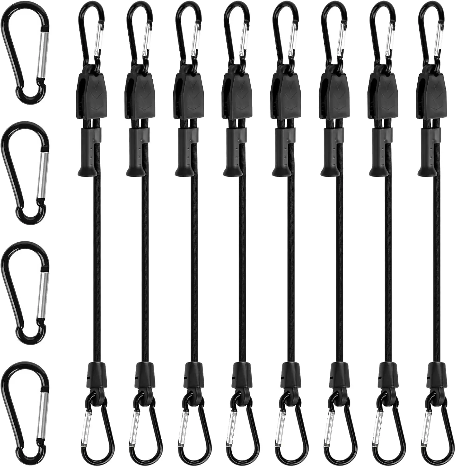 Heavy Duty Bungee Cords with Carabiner Hooks - Adjustable Ropes, 36in, Durable Construction, Elastic Core, 8 Black Straps, 4 Spare Clips, Ideal for Luggage, Outdoor Use