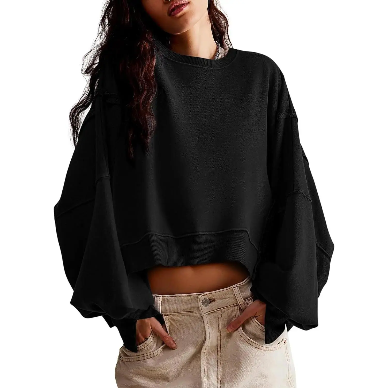 Womens Casual Sweatshirt Long Sleeve Tops Crewneck Loose Fit Tee Pullover Crop Tshirt Side Slit Fall Fashion 2025,clothes for back to school,first day of school outfits