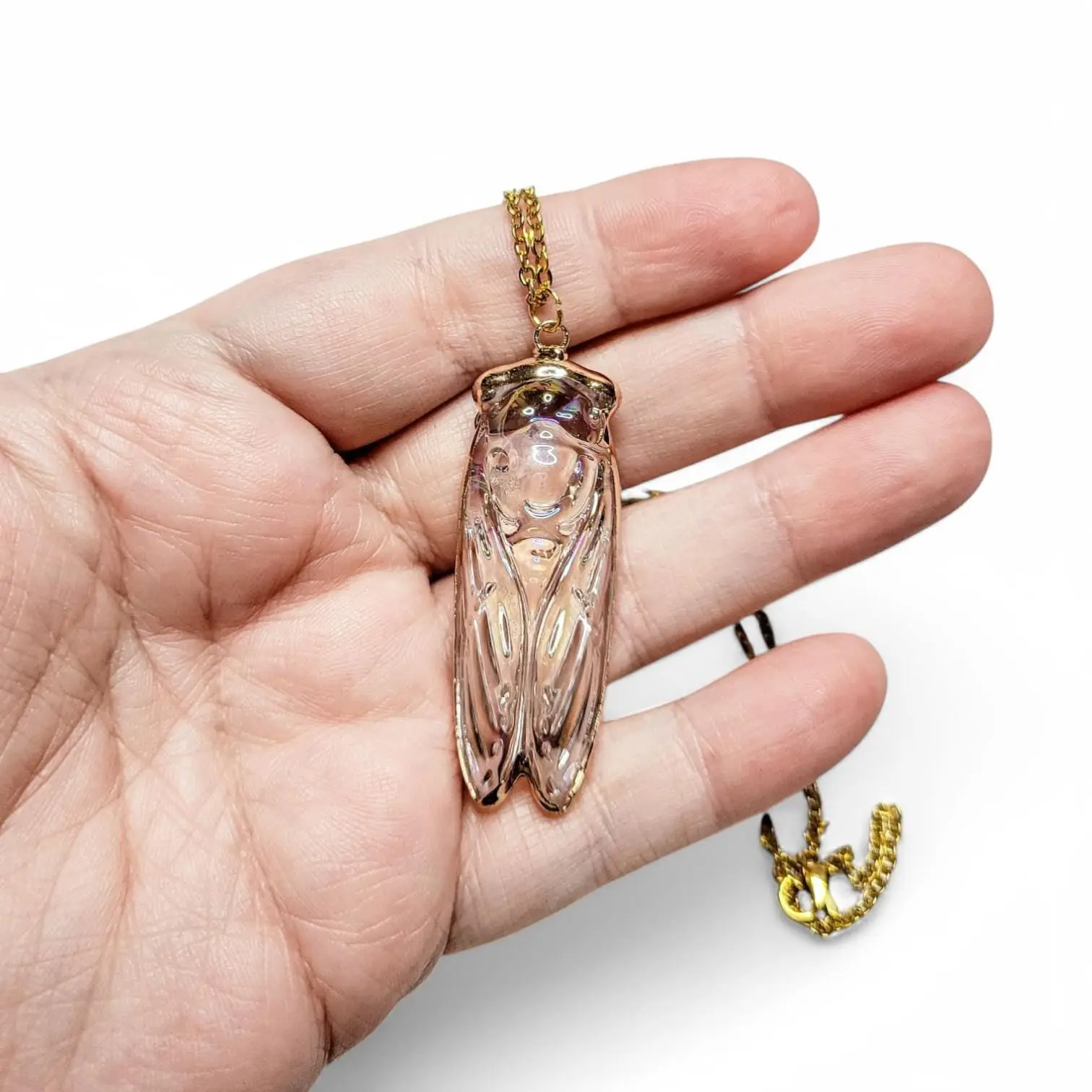 Iridescent Glass Cicada Necklace | Gold Color Electroplated Pendant | Unique Nature Lover Gift