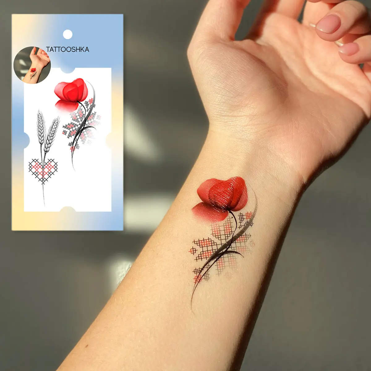 Ukrainian poppy with embroidery (L-56). Temporary tattoos. Party tattoos. Kids tattoos. Custom design. Tattoo sets. Ukrainian. Realistic. Waterproof