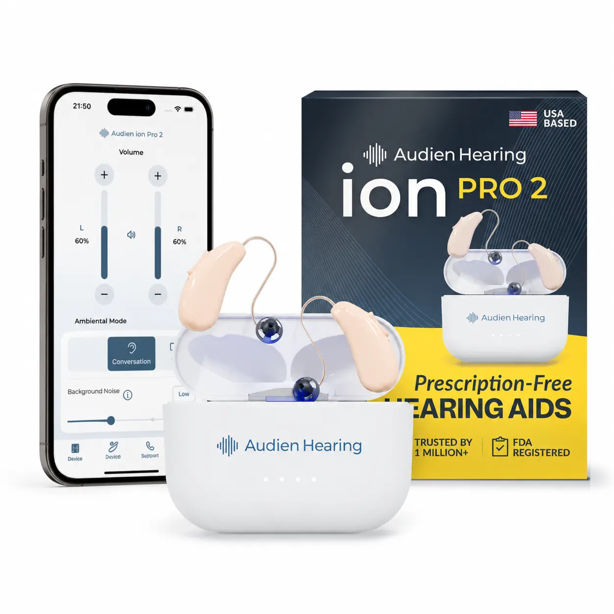 Audien ION Pro 2 OTC Hearing Aids for Adults – HSA/FSA Eligible, Premium Rechargeable In-Ear Hearing Aids with Bluetooth App Control, No Prescription