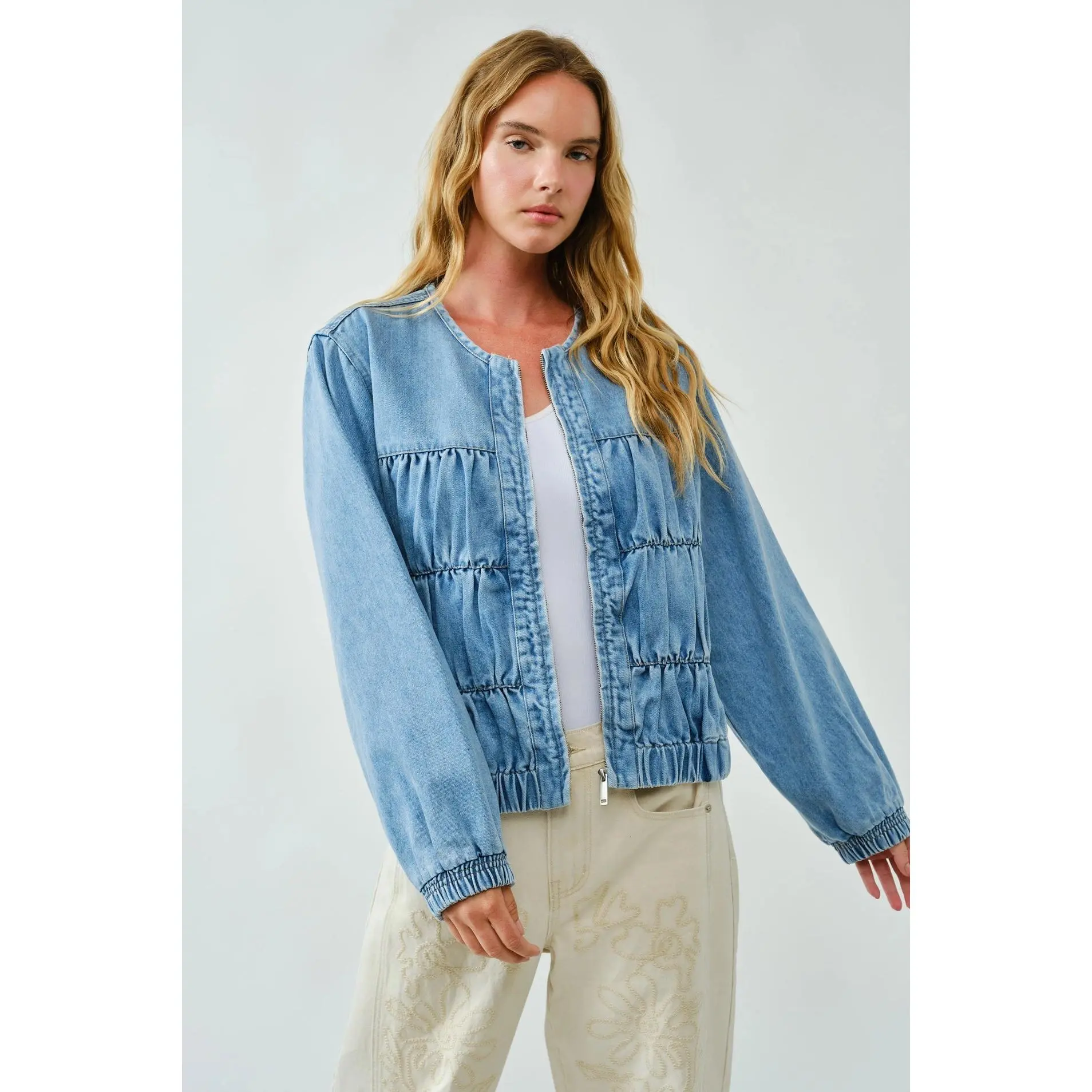 Ruched Seam Denim Bomber Jacket