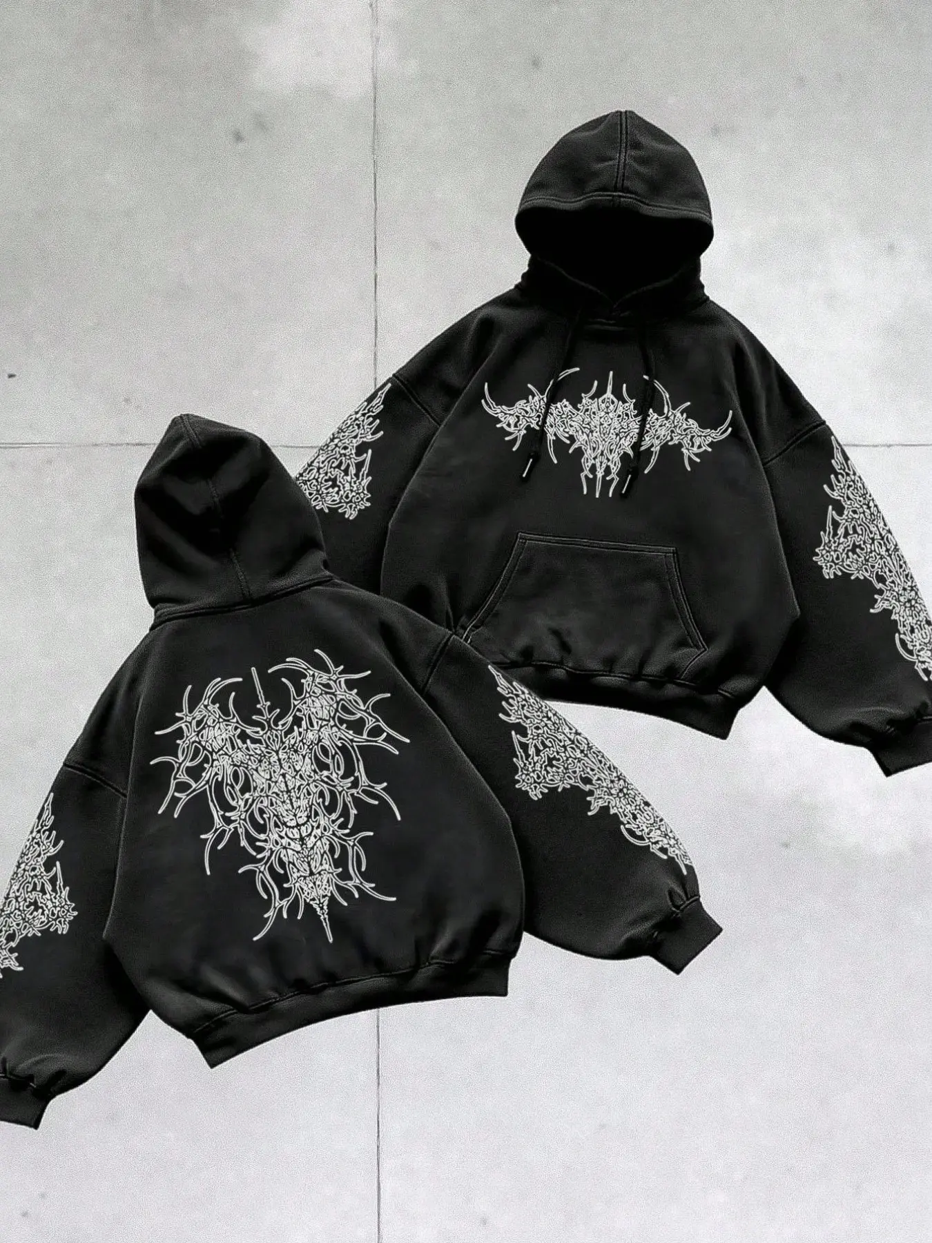 Men's Trendy Dark Metal Thorn Print Hoodie Sweatshirts, Graphic Complex Pattern, Loose Comfort Fit, Streetwear Casual Style, Campus/weekend/winter Wear, Graphic Hoodies, Graphic Hooded Sweatshirt